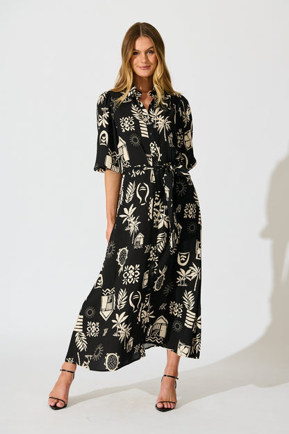 Coco Maxi Shirt Dress In Black Palm Print
