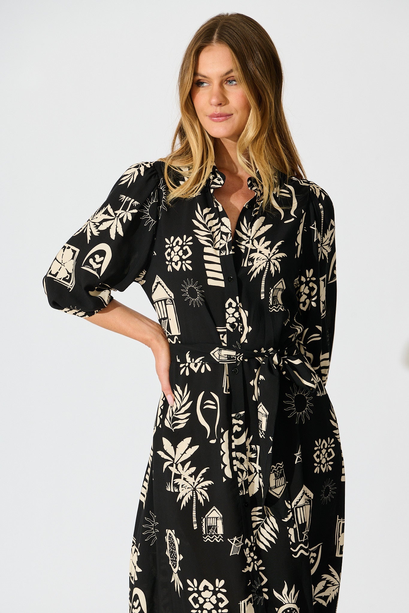 Coco Maxi Shirt Dress In Black Palm Print