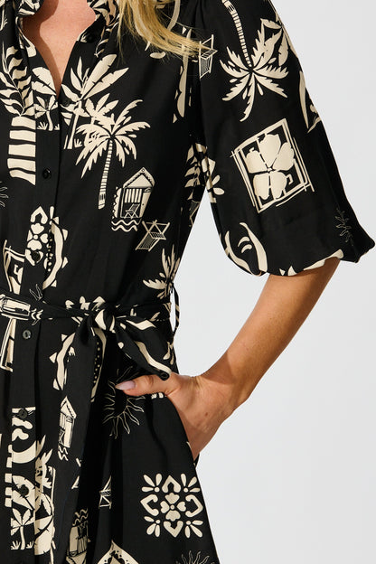 Coco Maxi Shirt Dress In Black Palm Print
