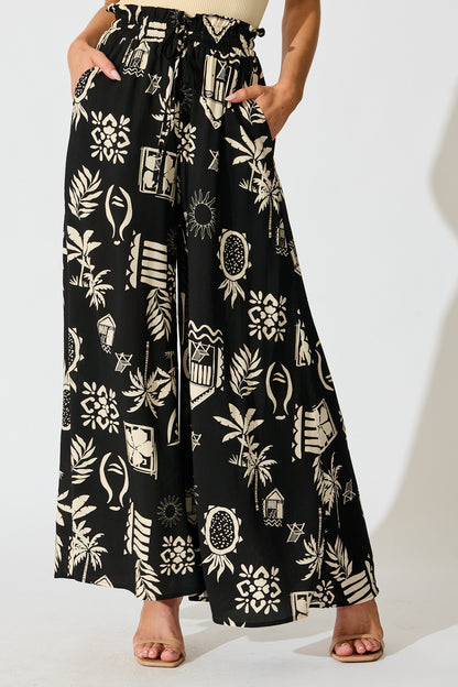 Lune Wide Leg Pant In Black Palm Print