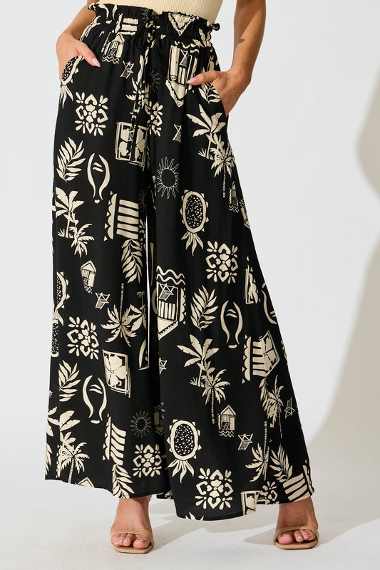 Lune Wide Leg Pant In Black Palm Print