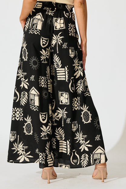 Lune Wide Leg Pant In Black Palm Print