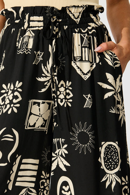 Lune Wide Leg Pant In Black Palm Print