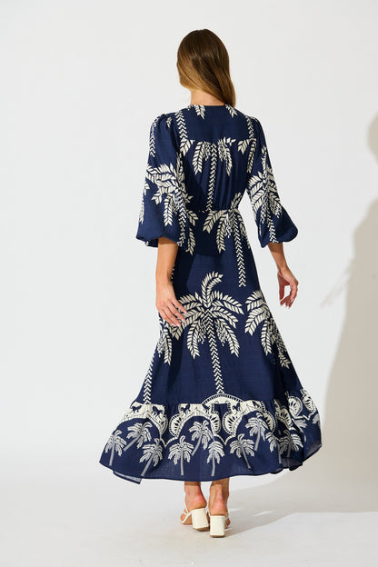 Jazelle Maxi Dress In Navy Palm Print Linen Blend