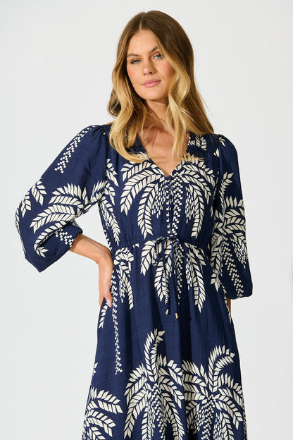 Jazelle Maxi Dress In Navy Palm Print Linen Blend