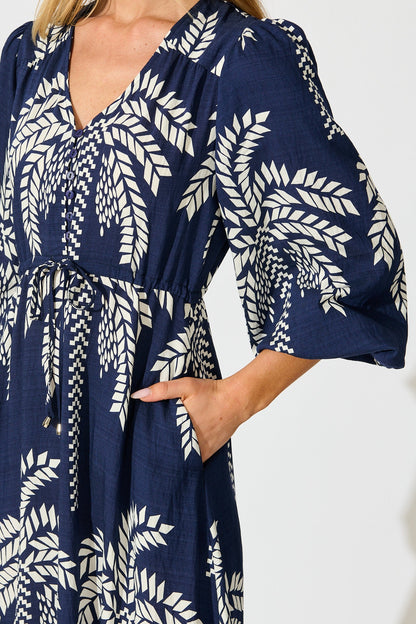 Jazelle Maxi Dress In Navy Palm Print Linen Blend