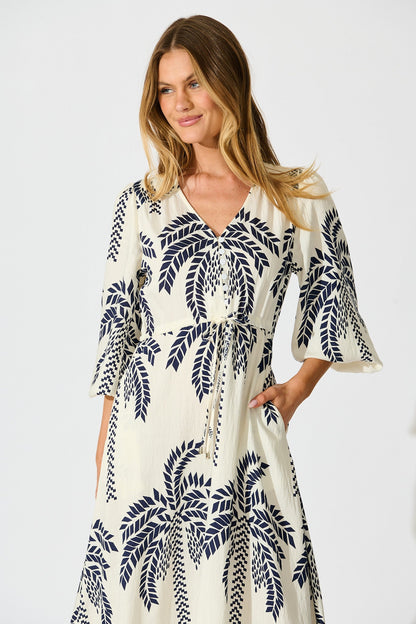 Jazelle Maxi Dress In White Palm Print Linen Blend
