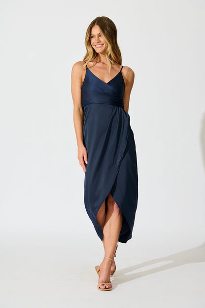 Softly Spoken Midi Dress in Navy Satin