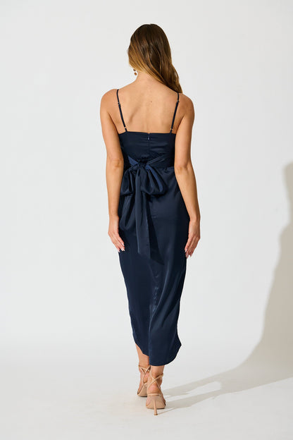 Softly Spoken Midi Dress in Navy Satin