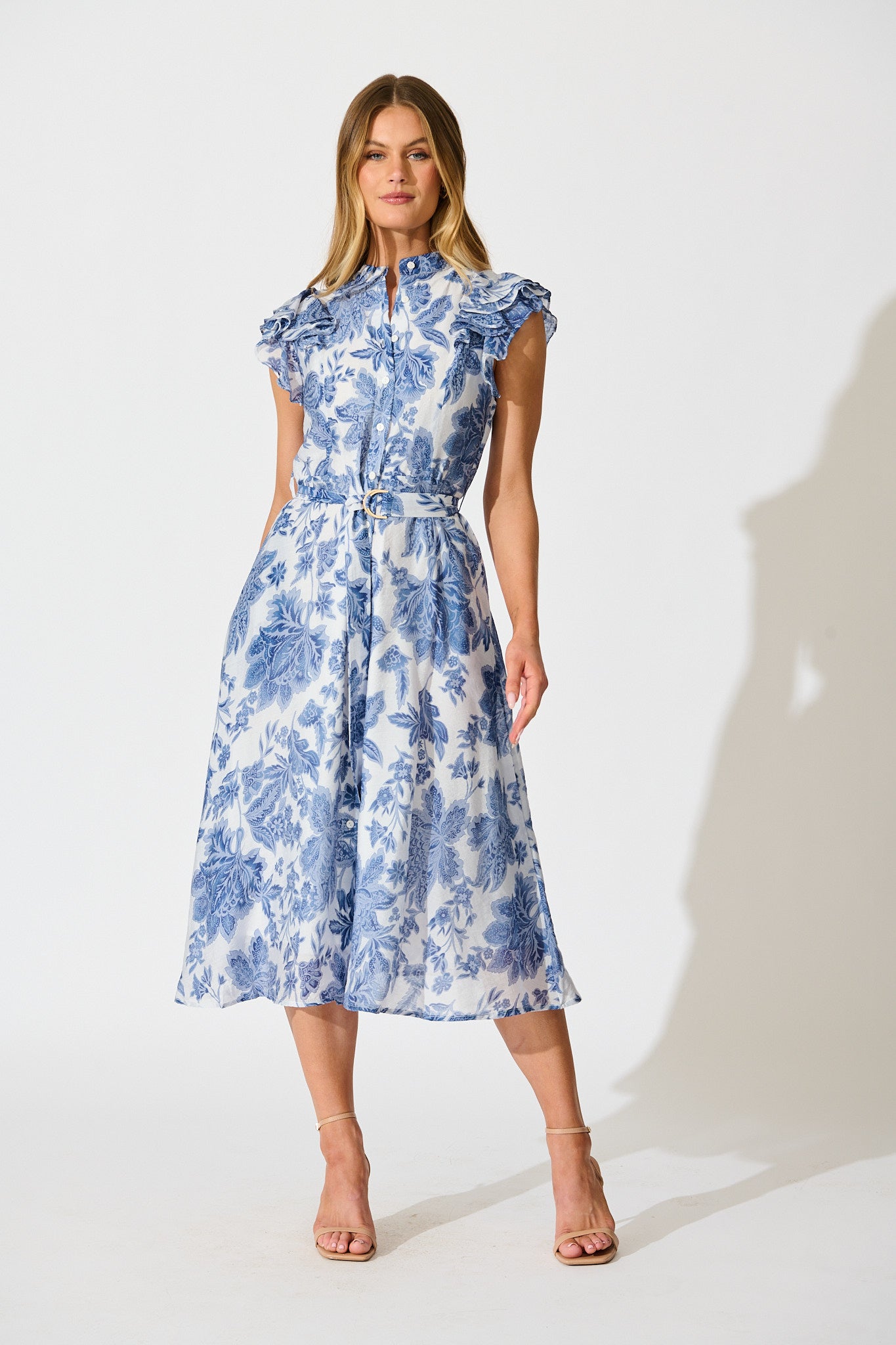 Roseabelle Midi Dress in Blue Leaf Print