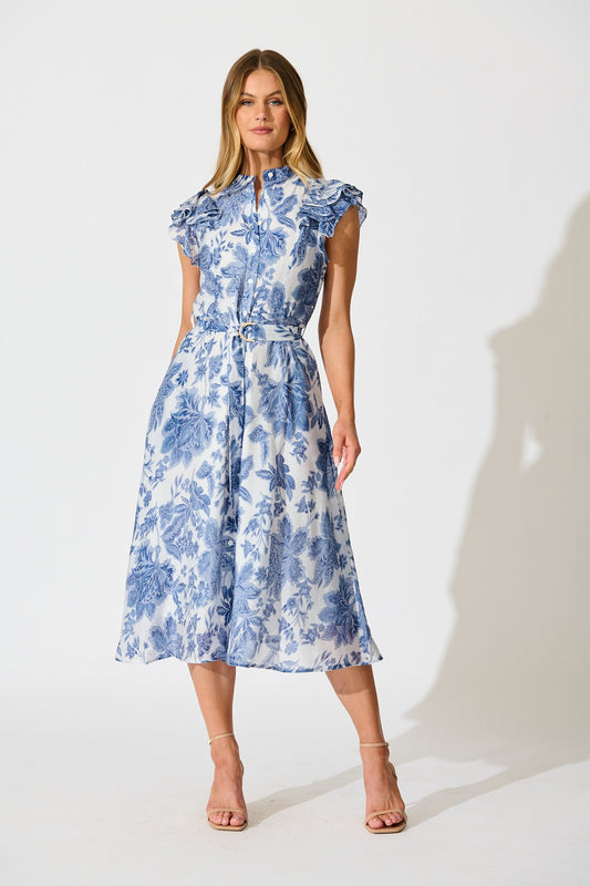 Roseabelle Midi Dress in Blue Leaf Print