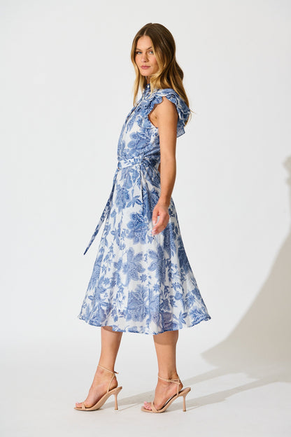 Roseabelle Midi Dress in Blue Leaf Print