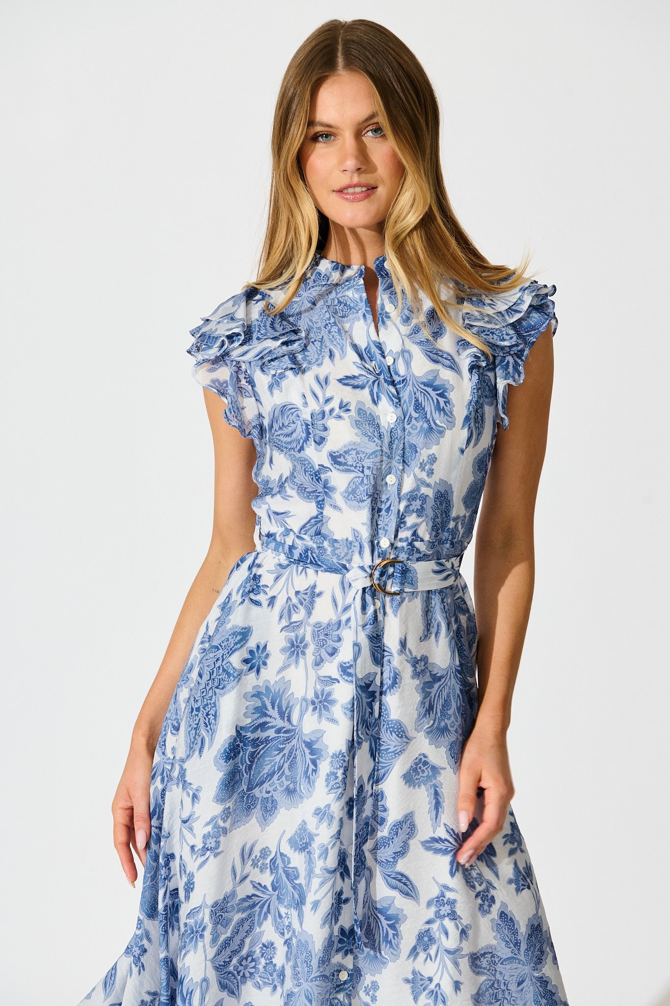Roseabelle Midi Dress in Blue Leaf Print
