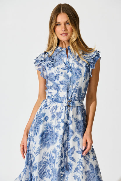 Roseabelle Midi Dress in Blue Leaf Print