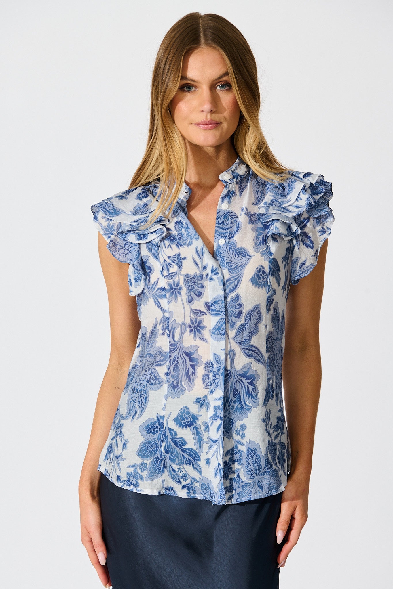 Elodie Top in Blue Leaf Print