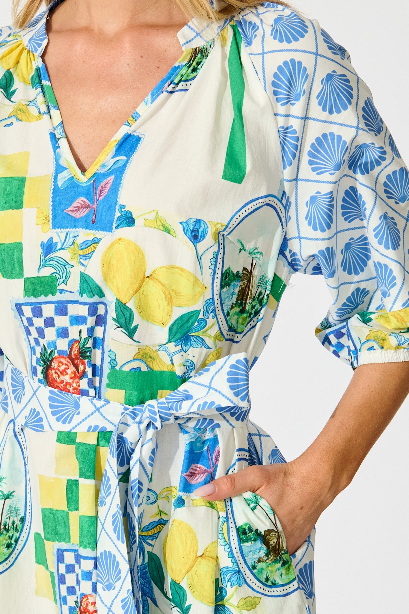 Limoncello Dreams Midi Dress in White Multi Lemon Cotton