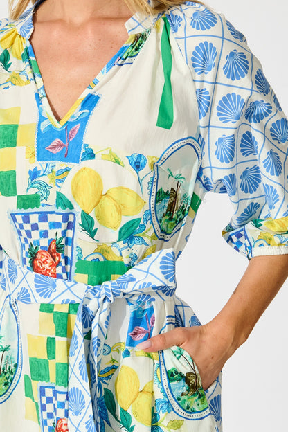 Limoncello Dreams Midi Dress in White Multi Lemon Cotton