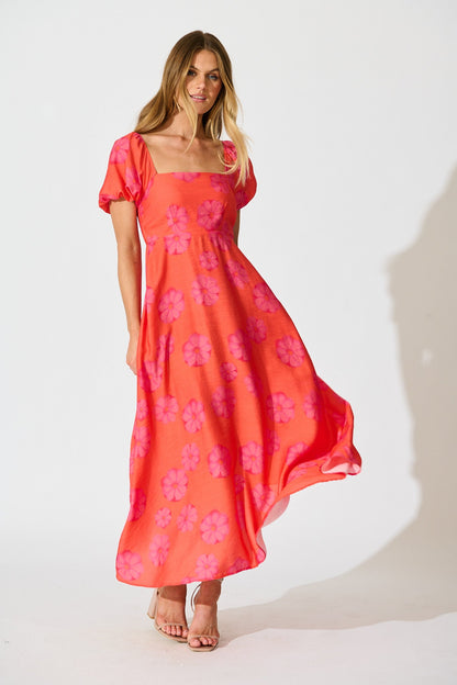 Ciniza Maxi Dress In Coral Flower Print