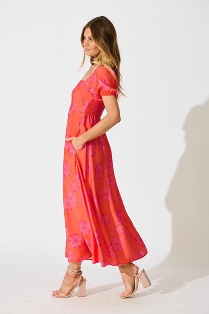 Ciniza Maxi Dress In Coral Flower Print
