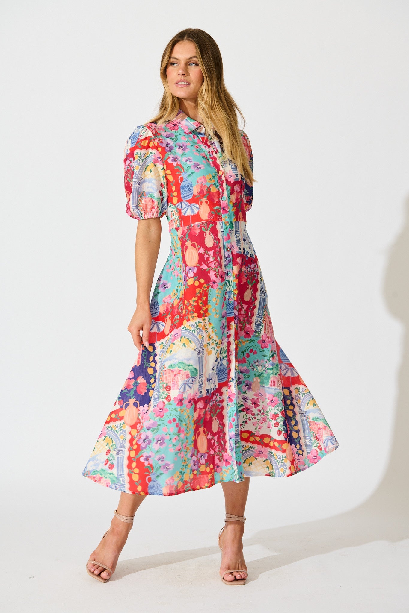 Bella Maxi Shirt Dress in Multi Resort Linen Blend