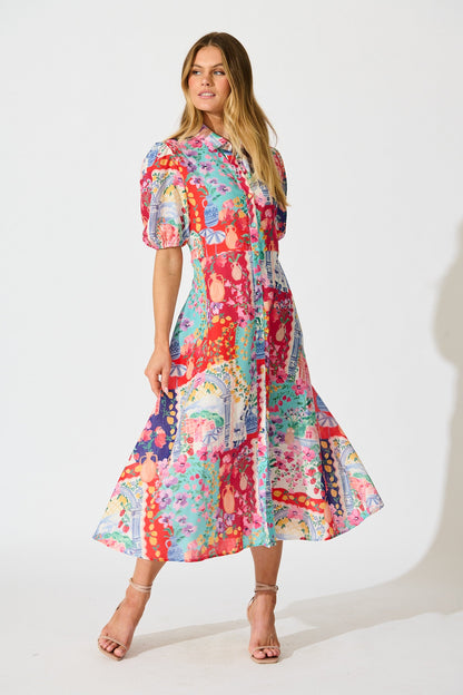 Bella Maxi Shirt Dress in Multi Resort Linen Blend