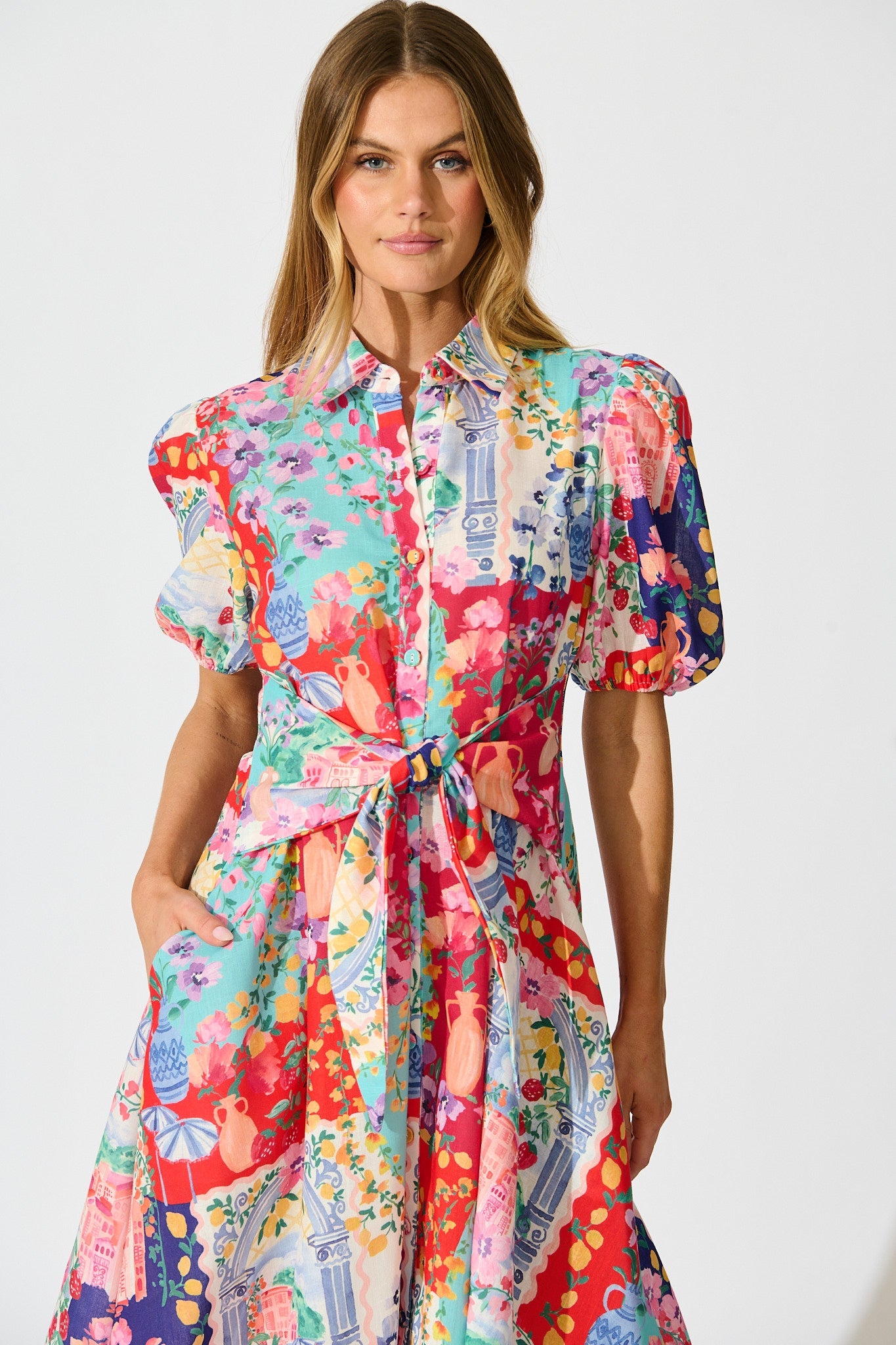 Bella Maxi Shirt Dress in Multi Resort Linen Blend