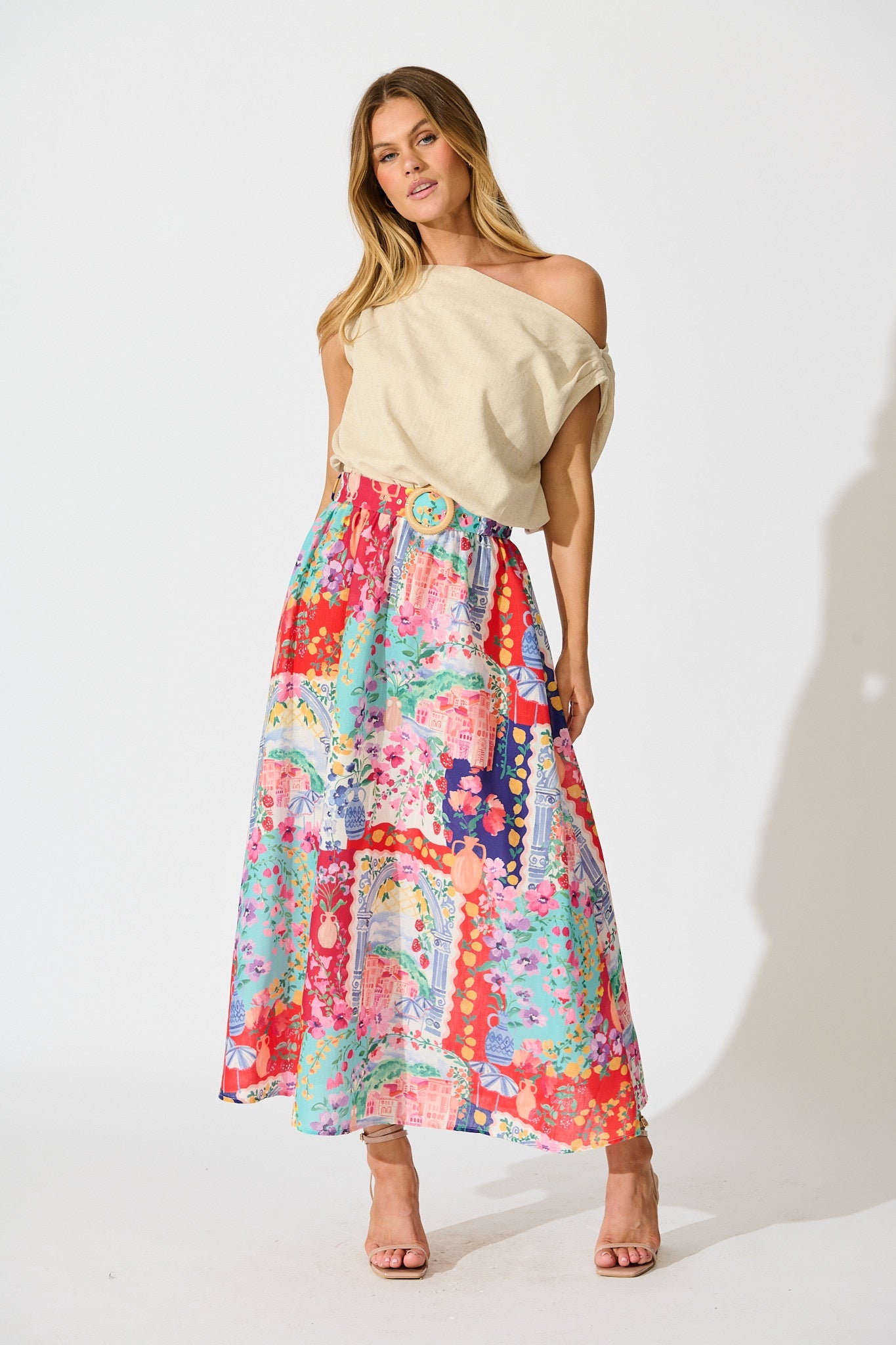 Postcards From Paradise Maxi Skirt In Multi Resort Linen Blend