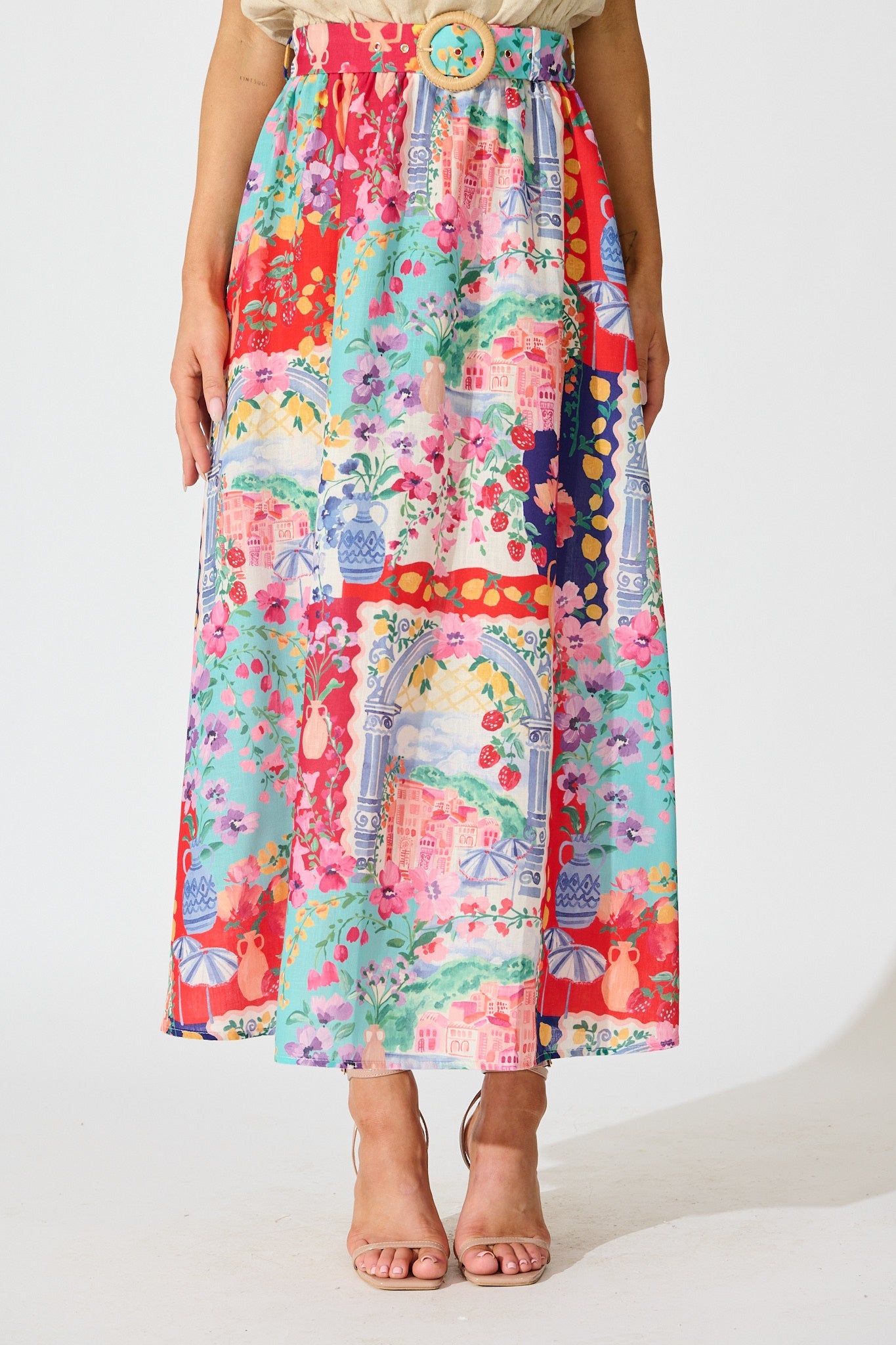 Postcards From Paradise Maxi Skirt In Multi Resort Linen Blend