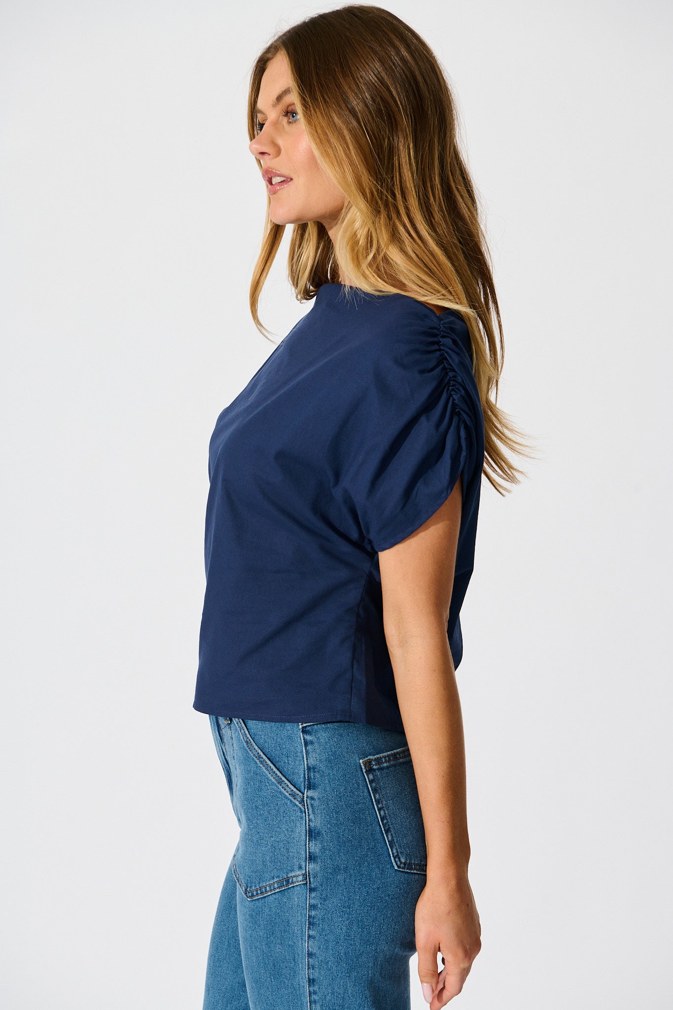 Golden Hour Off Shoulder Top in Navy Cotton