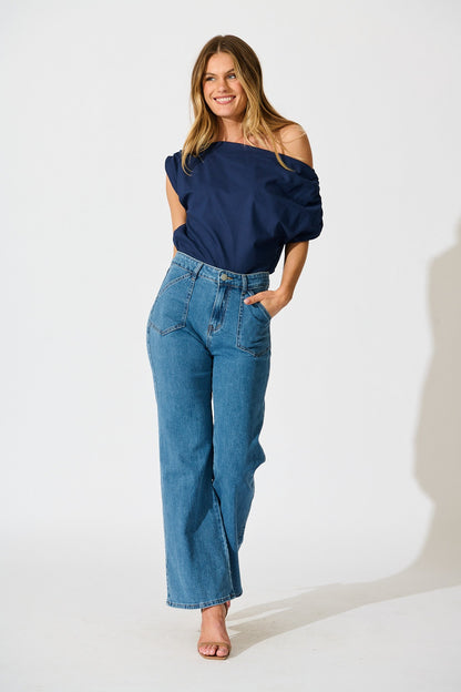 Golden Hour Off Shoulder Top in Navy Cotton