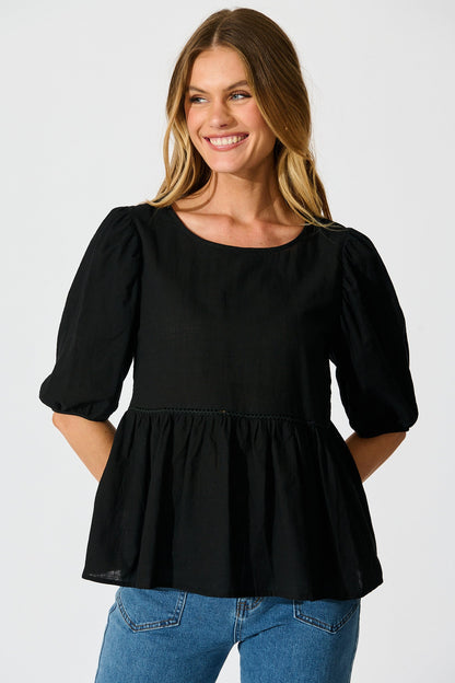Stacy Top in Black Cotton Linen