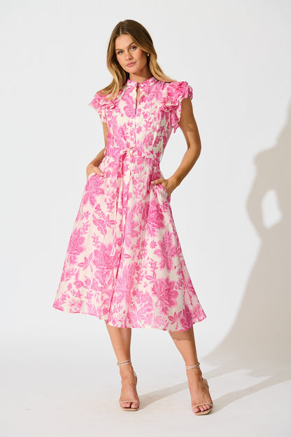 Roseabelle Midi Dress in Pink Leaf Print