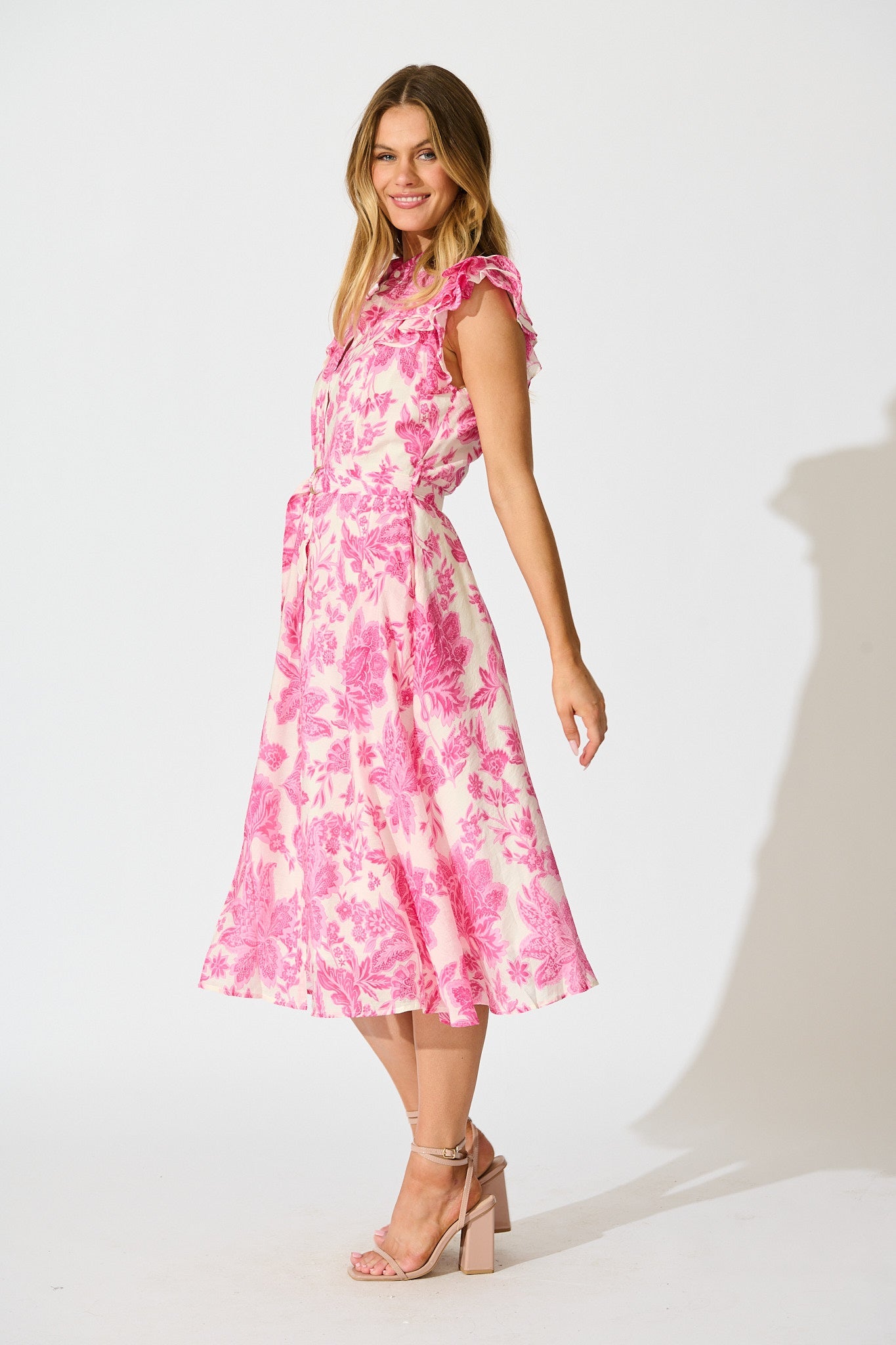 Roseabelle Midi Dress in Pink Leaf Print