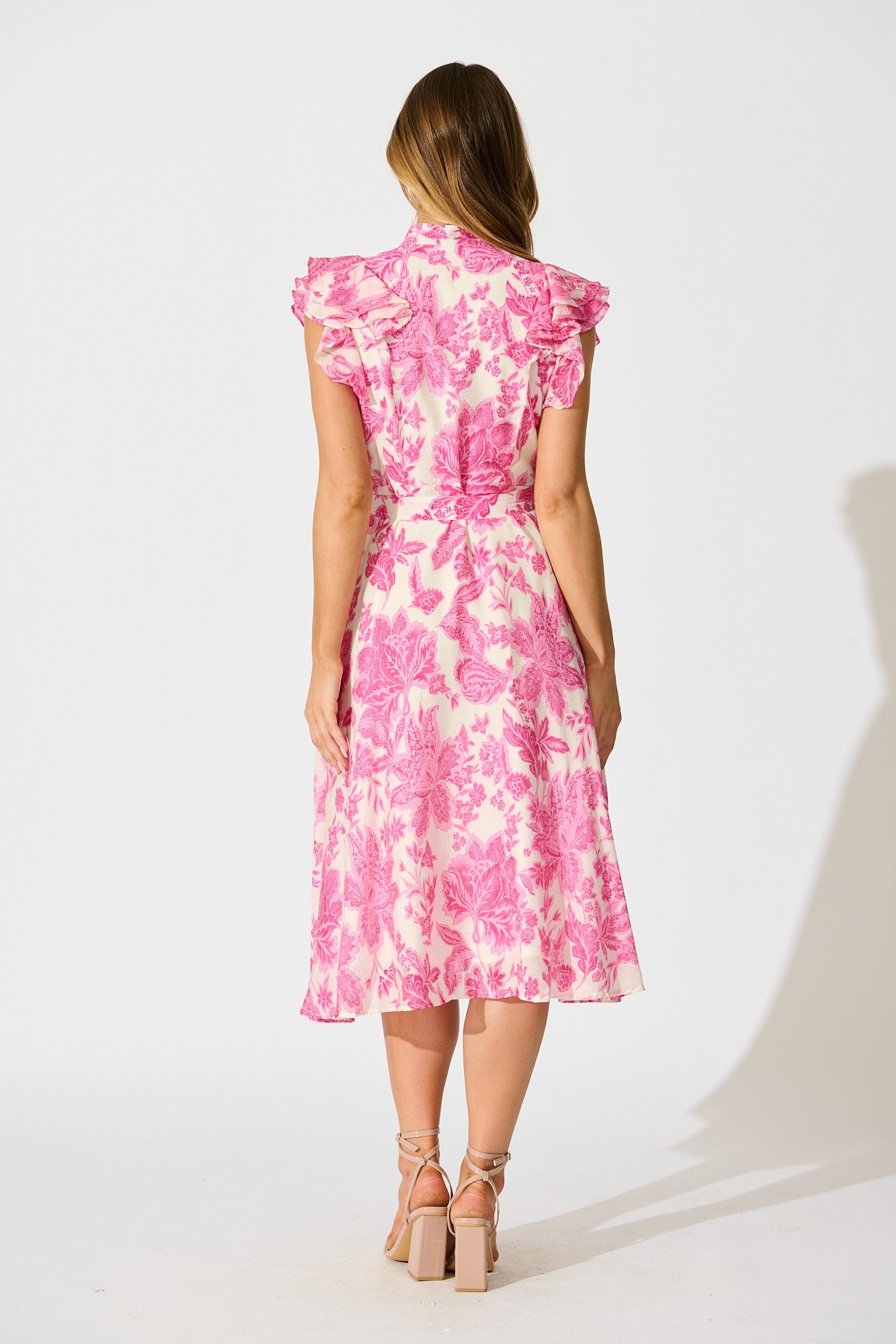 Roseabelle Midi Dress in Pink Leaf Print