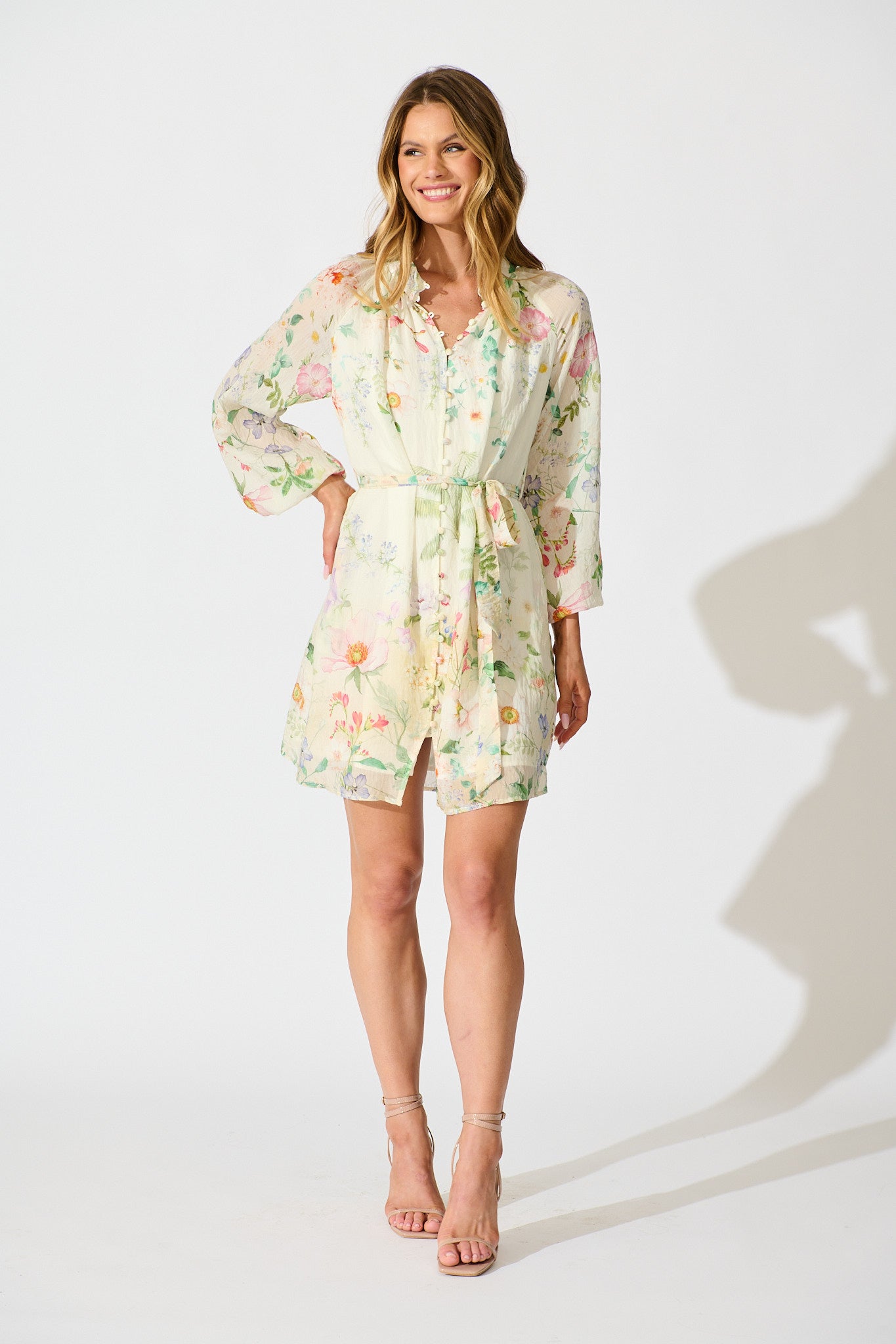 Flo Dress in Cream With Green Floral Print