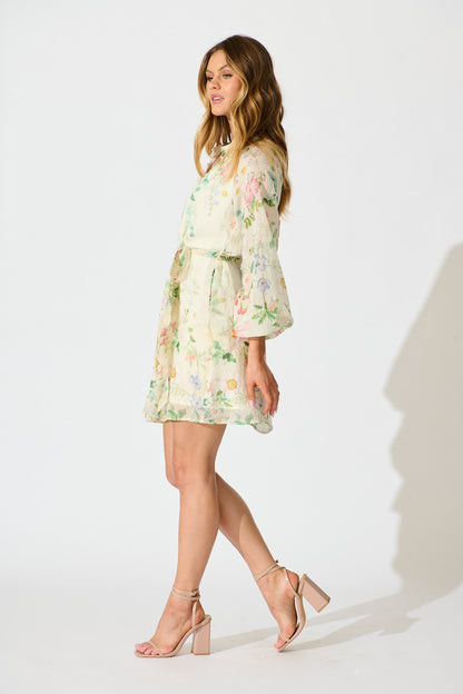 Flo Dress in Cream With Green Floral Print