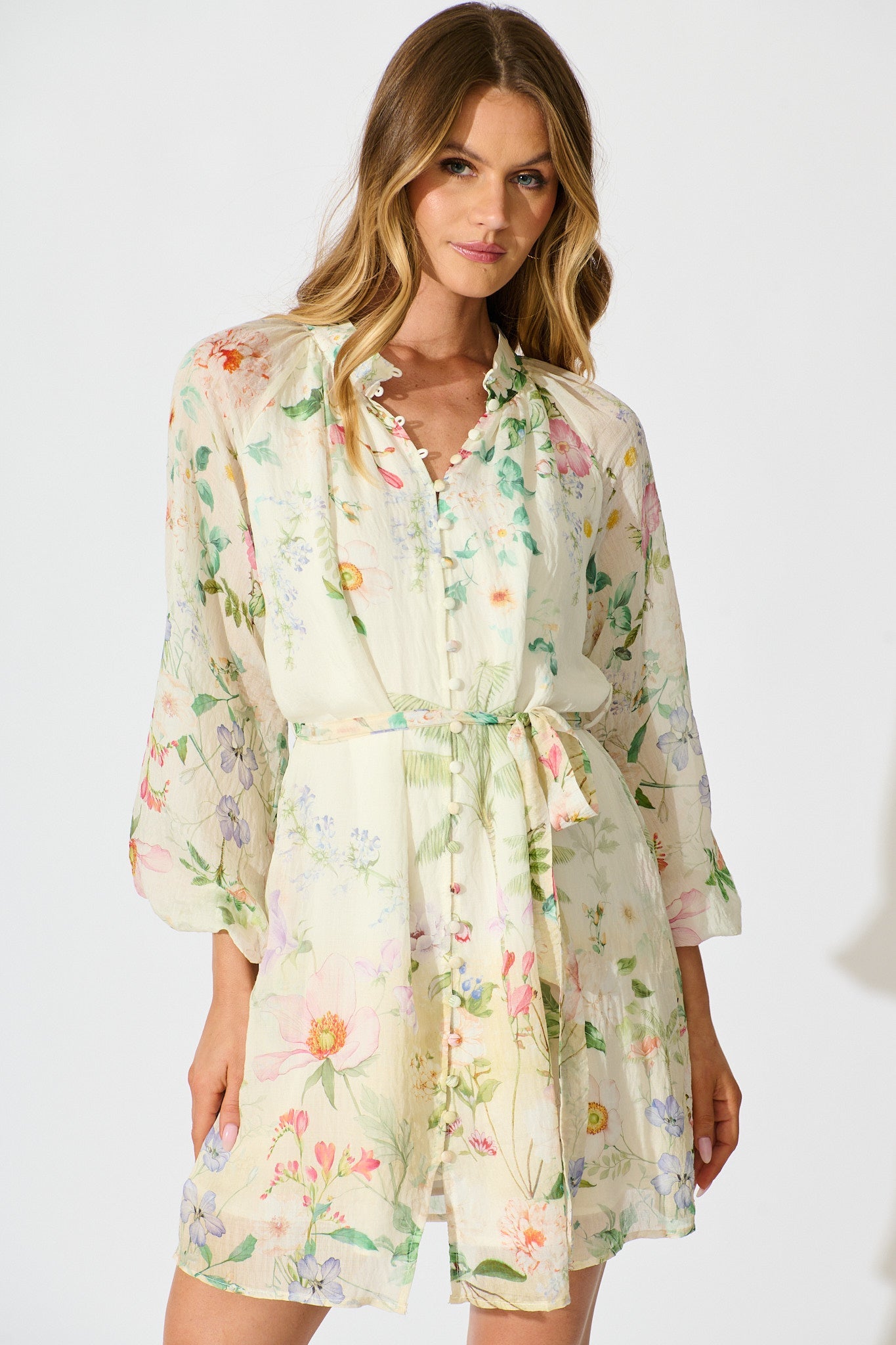 Flo Dress in Cream With Green Floral Print
