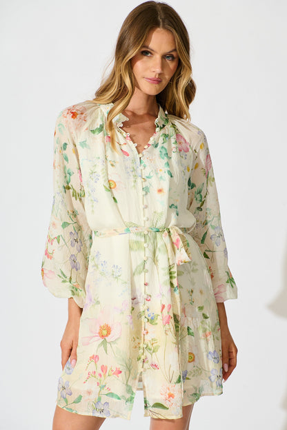 Flo Dress in Cream With Green Floral Print