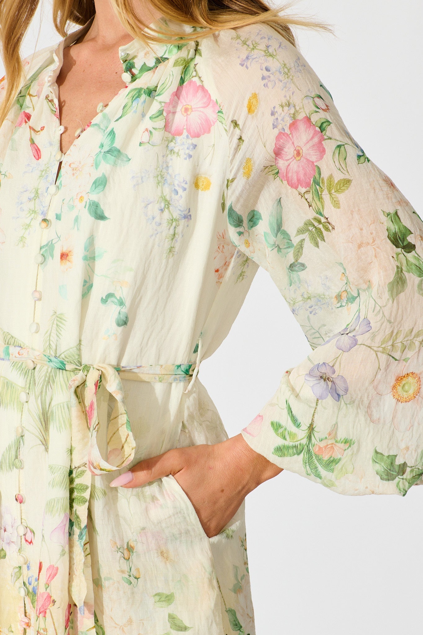 Flo Dress in Cream With Green Floral Print