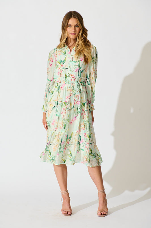 Quincy Midi Dress in Cream With Green Floral Print