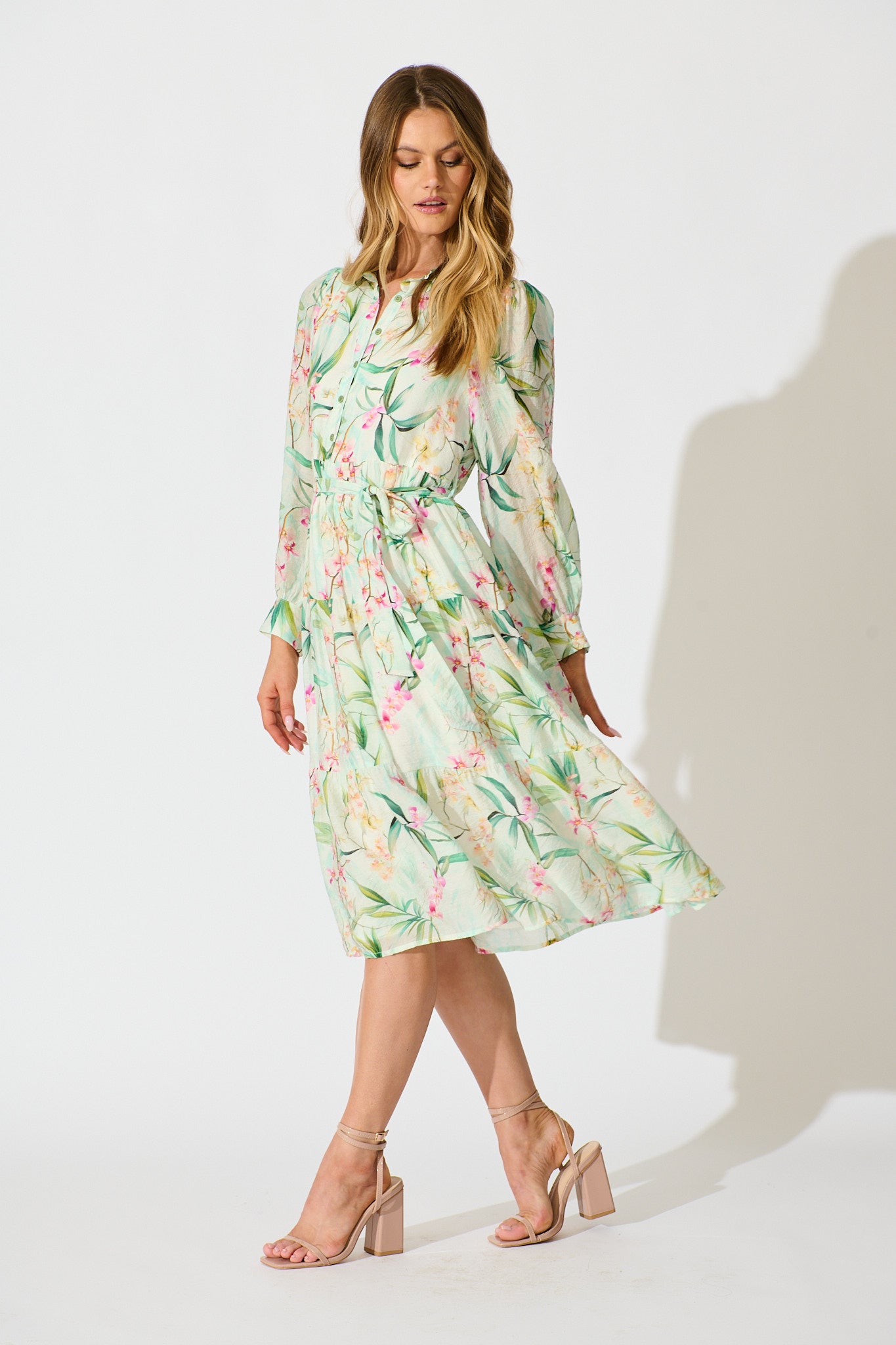 Quincy Midi Dress in Cream With Green Floral Print