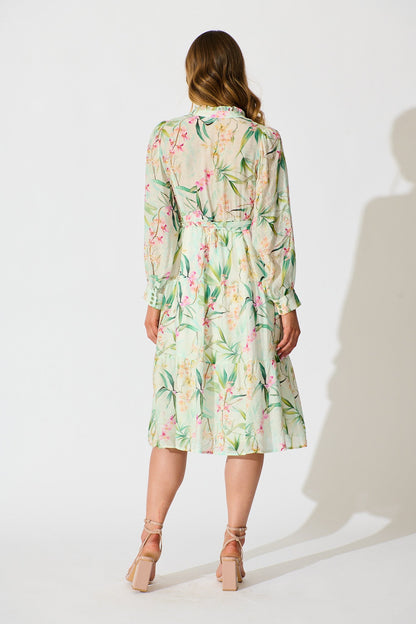 Quincy Midi Dress in Cream With Green Floral Print