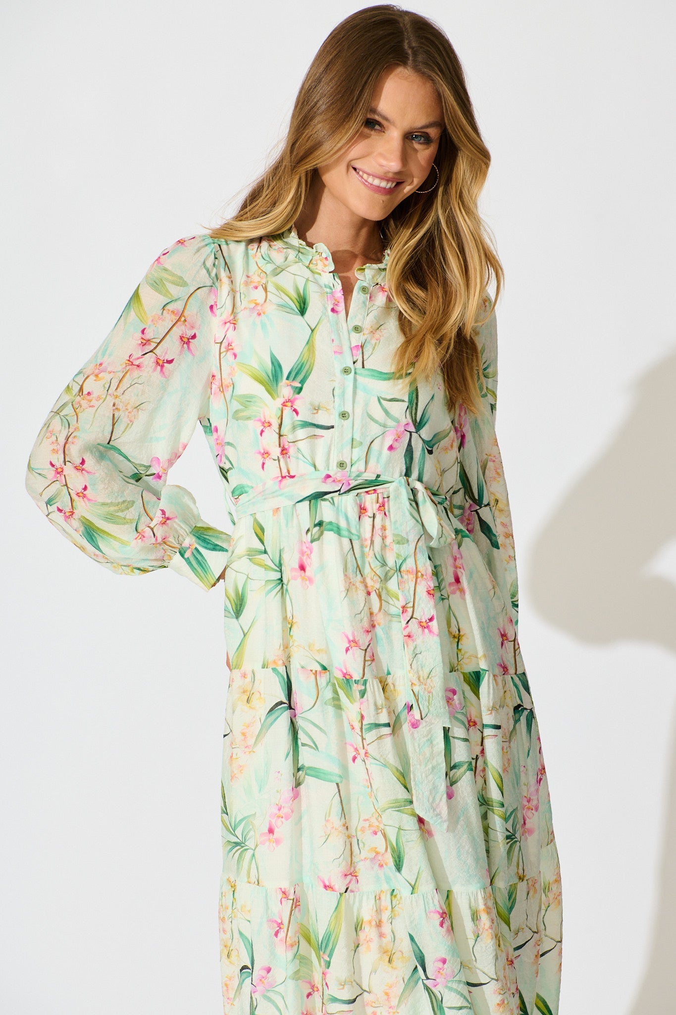 Quincy Midi Dress in Cream With Green Floral Print