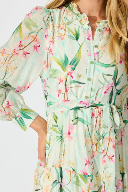Quincy Midi Dress in Cream With Green Floral Print