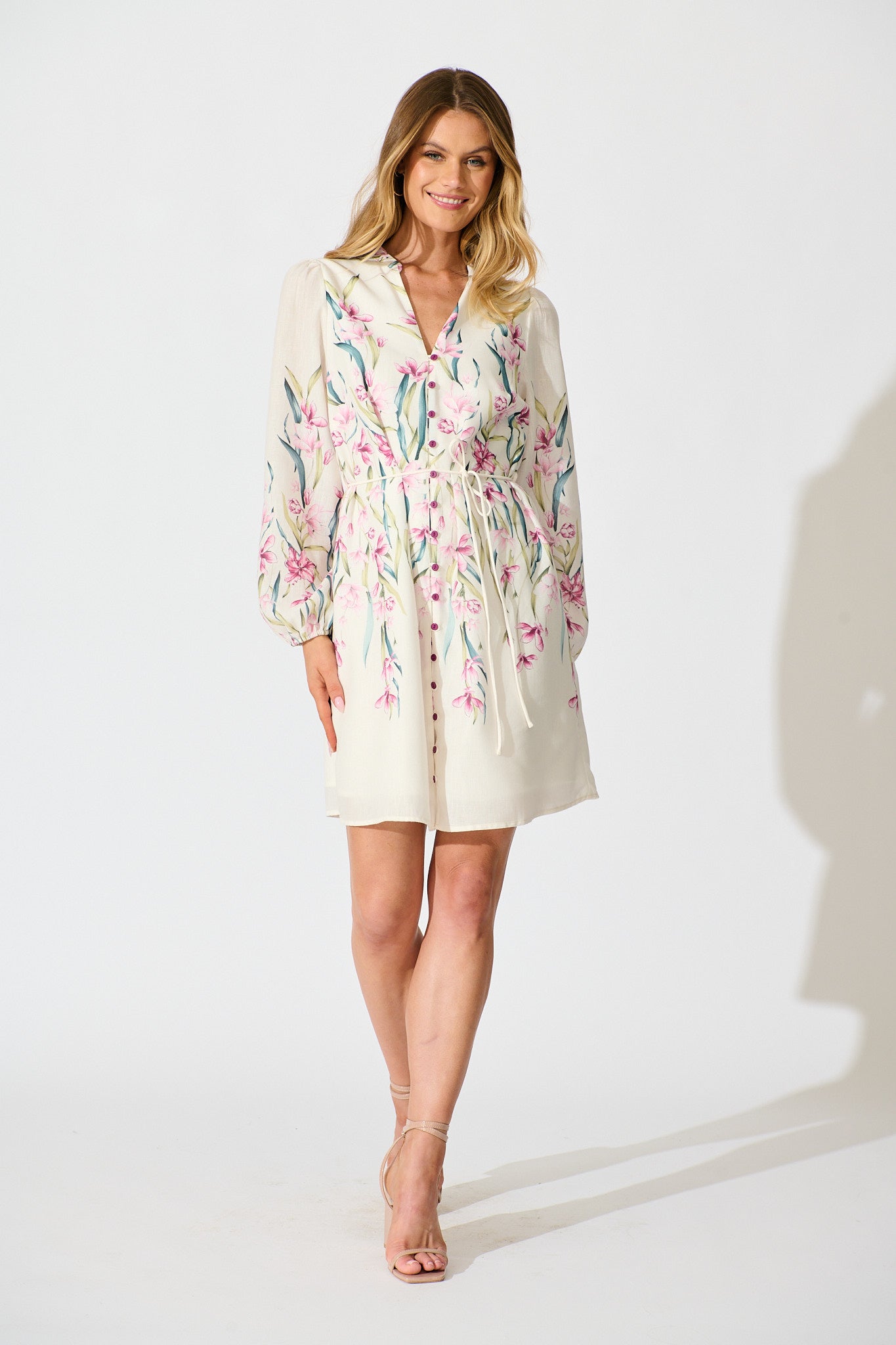 Elle Dress In White With Pink Floral Linen Blend