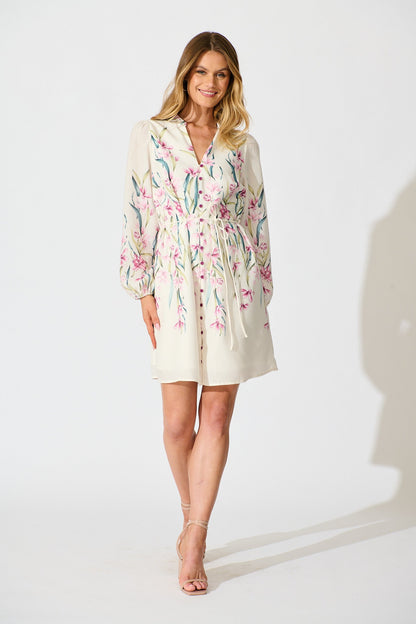 Elle Dress In White With Pink Floral Linen Blend