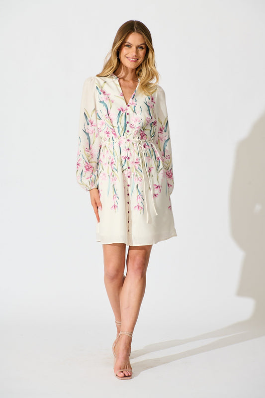 Elle Dress In White With Pink Floral Linen Blend