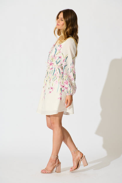 Elle Dress In White With Pink Floral Linen Blend