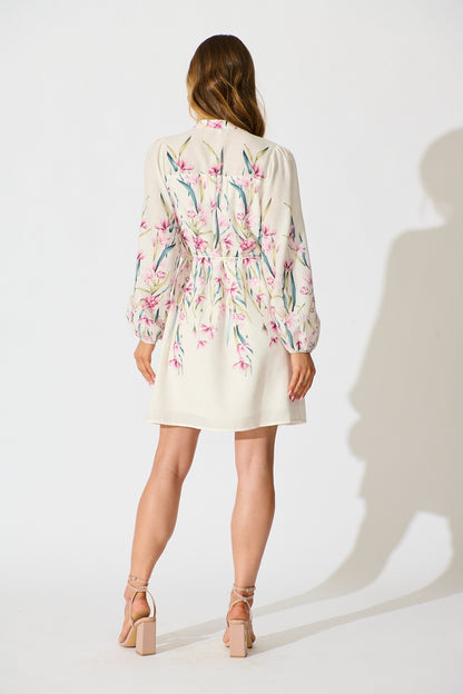 Elle Dress In White With Pink Floral Linen Blend