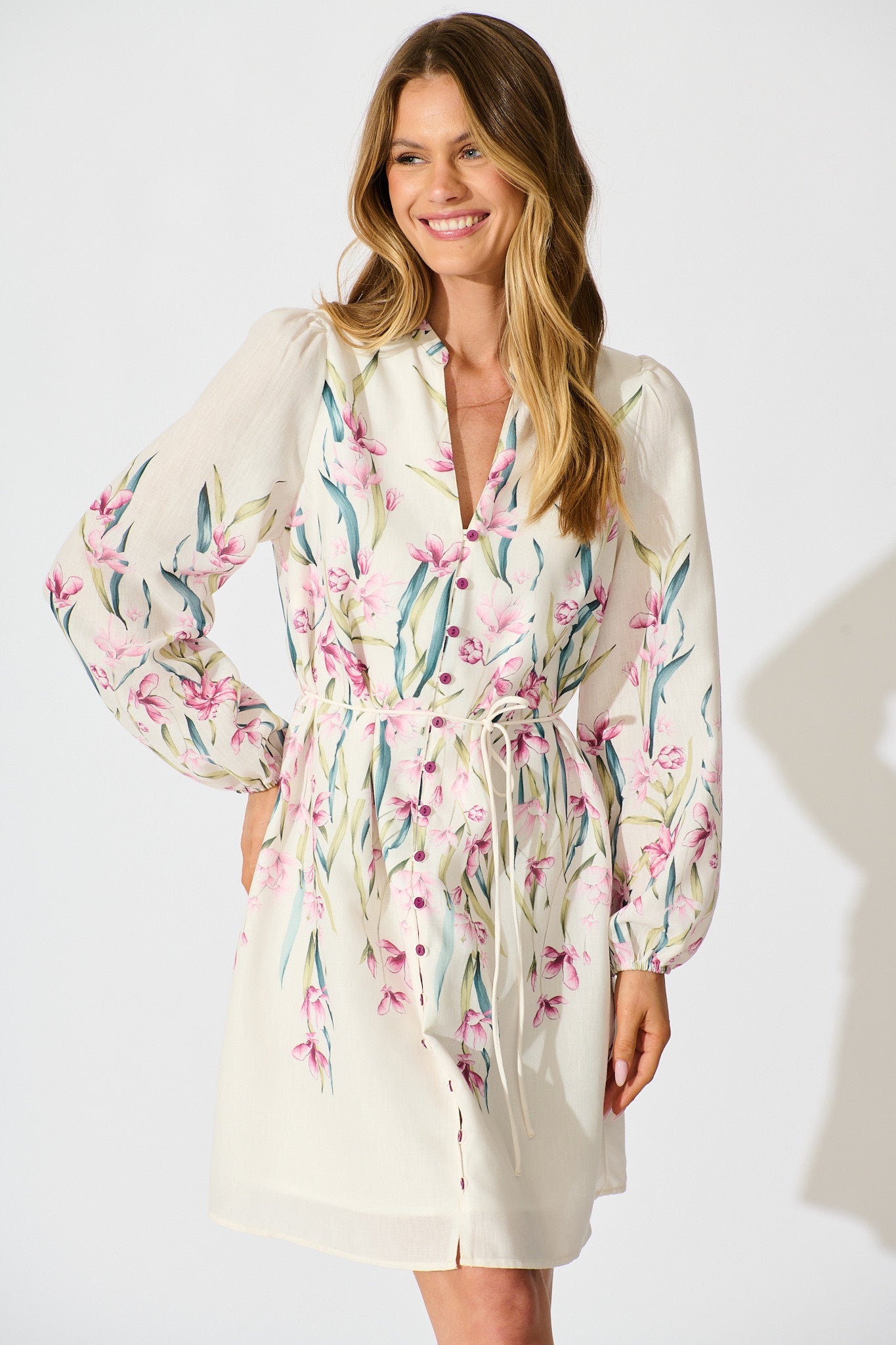 Elle Dress In White With Pink Floral Linen Blend